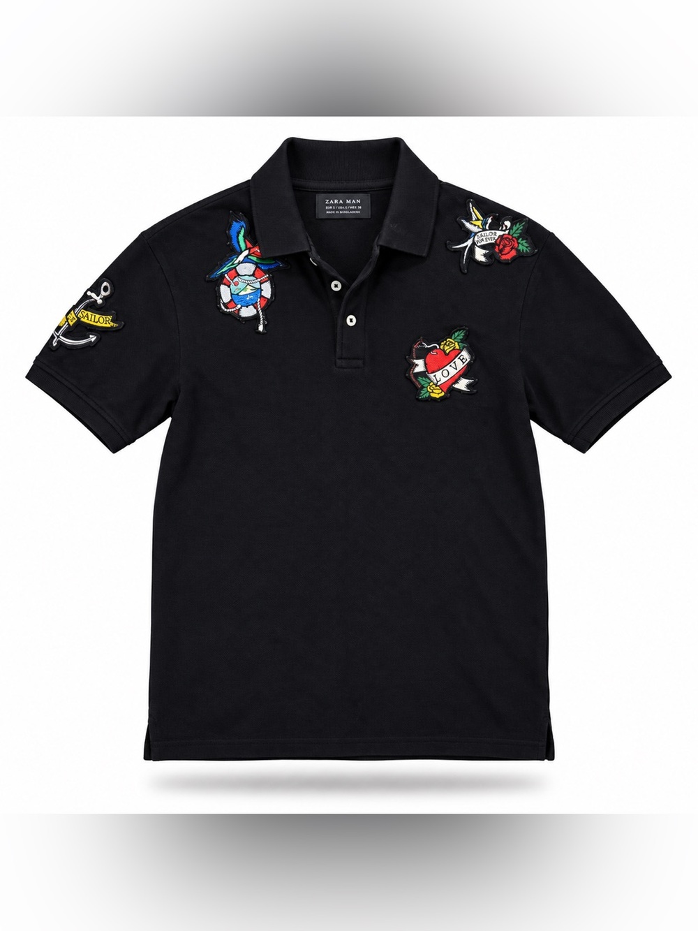 Zara Black Polo with Colorful Embroidered Patches Size Small Men